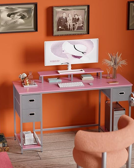 Pamray 55 Inch Computer Desk with Non-woven Storage Drawers and Monitor Stand Home Office Desk for Bedroom Study Table Writing and Work Desk Pink - LeafyLoom