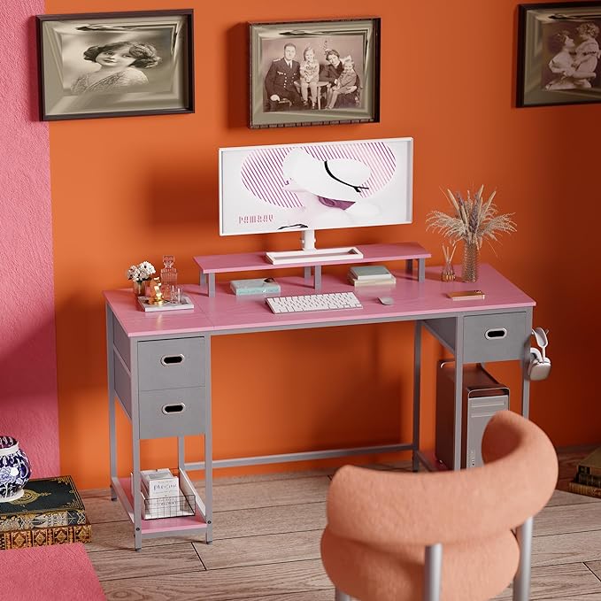 Pamray 55 Inch Computer Desk with Non-woven Storage Drawers and Monitor Stand Home Office Desk for Bedroom Study Table Writing and Work Desk Pink - LeafyLoom
