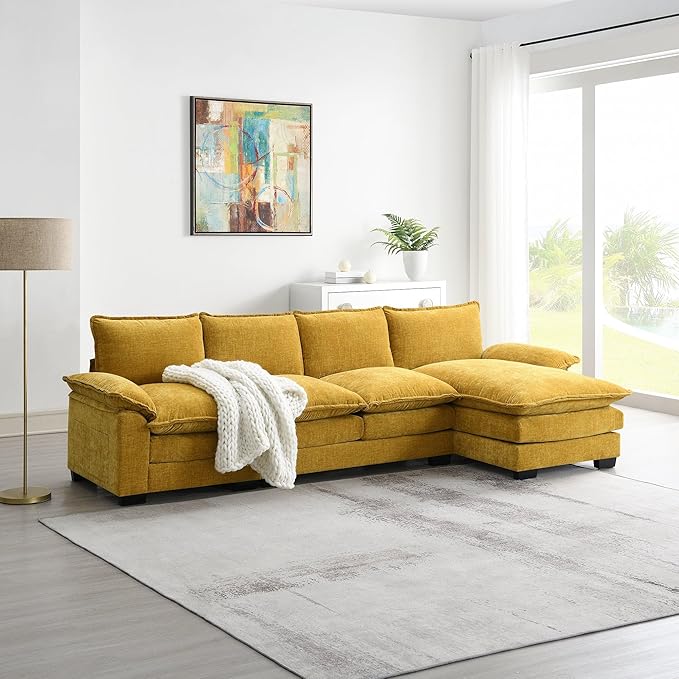 118" Sectional Sofa, L-Shaped Couch Set with Double Cushions and Chaise Lounge, 5-seat Upholstered Indoor Furniture for Living Room, Apartment, Office, 118inch, Yellow - LeafyLoom