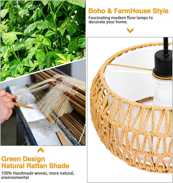 Arc Floor Lamp for Living Room, 3 Color Temperatures Farmhouse Standing Lamps with Remote & Dimmable Bulb, Rattan Boho Floor Lamp with Fabric Shades, Adjustable Tall Lamp for Bedroom Office - LeafyLoom