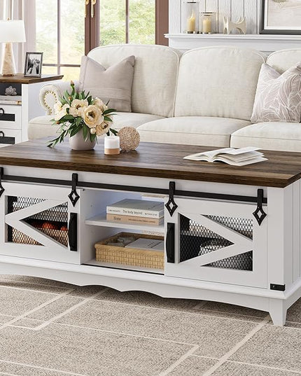 IDEALHOUSE Farmhouse Coffee Table with Storage 48'' Center Table Industrial Cocktail Table with Sliding Barn Doors Modern Rectangular Living Room Table Rustic Coffee Table with Adjustable Shelves - LeafyLoom