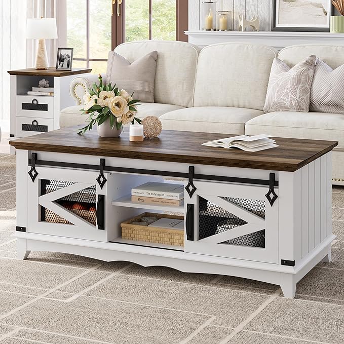 IDEALHOUSE Farmhouse Coffee Table with Storage 48'' Center Table Industrial Cocktail Table with Sliding Barn Doors Modern Rectangular Living Room Table Rustic Coffee Table with Adjustable Shelves - LeafyLoom