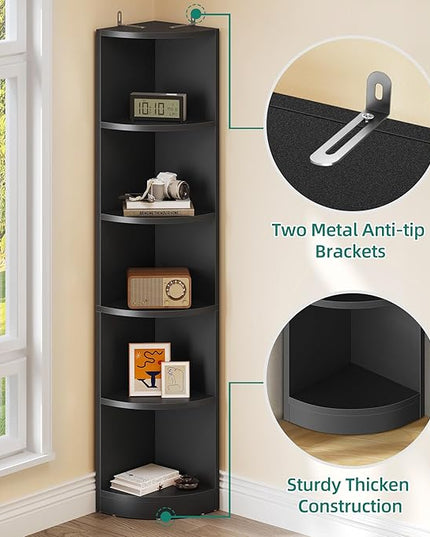 YITAHOME 5-Tier Corner Shelf, 70.8" Tall Modern Free Standing Corner Bookshelf, 5 Shelf Display Corner Bookcase and Bookshelves,Wooden Open Storage Book Shelves for Living Room, Home Office, Black - LeafyLoom