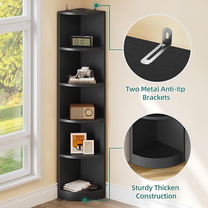 YITAHOME 5-Tier Corner Shelf, 70.8" Tall Modern Free Standing Corner Bookshelf, 5 Shelf Display Corner Bookcase and Bookshelves,Wooden Open Storage Book Shelves for Living Room, Home Office, Black - LeafyLoom