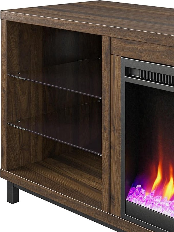 Ameriwood Home Lumina Fireplace TV Stand for TVs up to 70 Inch, Replaceable Electric Fireplace Insert Heater, Remote Control, Timer, Color Changing LED Lights, Crystal Ember Flames, Walnut - LeafyLoom