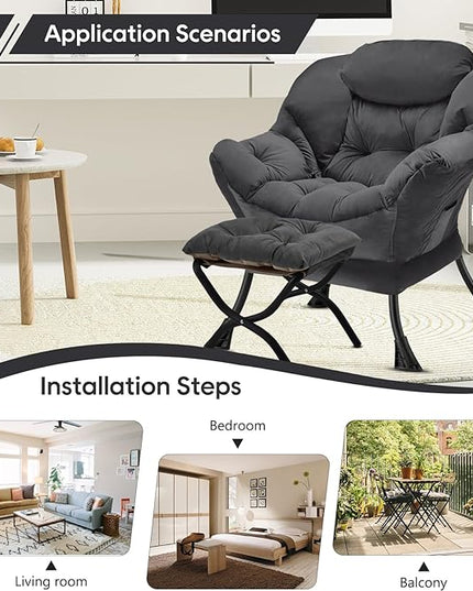 Lazy Chair with Folding Ottoman Modern Large Accent Chair,Contemporary Lounge Leisure Sofa Chair with Armrests Upholstered Sofa Armchair Reading Chair for Bedroom,Dorm & Office,Dark Grey - LeafyLoom