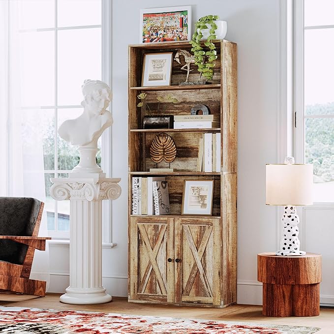IRONCK Industrial Bookshelves and Bookcases with Doors Floor Standing 6 Shelf Display Storage Shelves 70 in Tall Bookcase for Home Office, Living Room - LeafyLoom