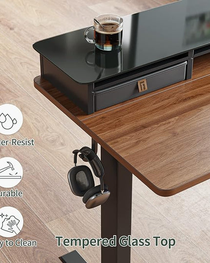 FEZIBO 55 x 24 Inch Height Adjustable Glass Electric Standing Desk with Double Drawer, Stand Up Desk with Storage Shelf, Sit Stand Desk, Black Walnut - LeafyLoom