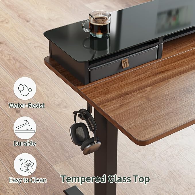 FEZIBO 55 x 24 Inch Height Adjustable Glass Electric Standing Desk with Double Drawer, Stand Up Desk with Storage Shelf, Sit Stand Desk, Black Walnut - LeafyLoom