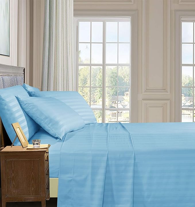 Elegant Comfort Softest and Coziest 4-Piece Sheet Set - 1500 Premium Hotel Quality Microfiber - Luxurious Wrinkle Resistant 4-Piece Damask Stripe Bed Sheet Set, Twin, Aqua Blue - LeafyLoom
