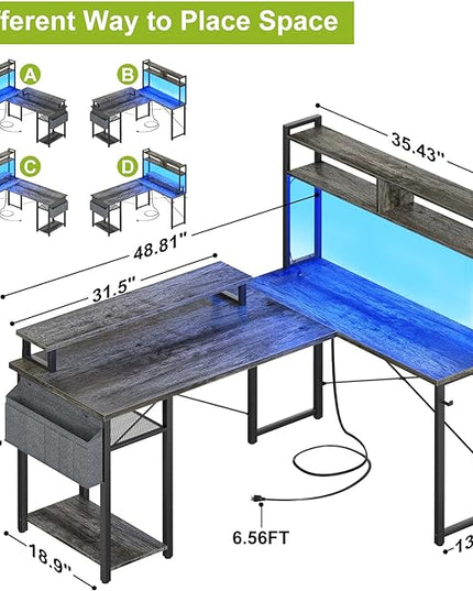 Small L Shaped Gaming Desk with Power Outlets, 48" Reversible L Shaped LED Computer Desk with Monitor Stand & Storage Shelf, Corner Gamer Desk Home Office Desk with Storage Bag, Black Oak - LeafyLoom