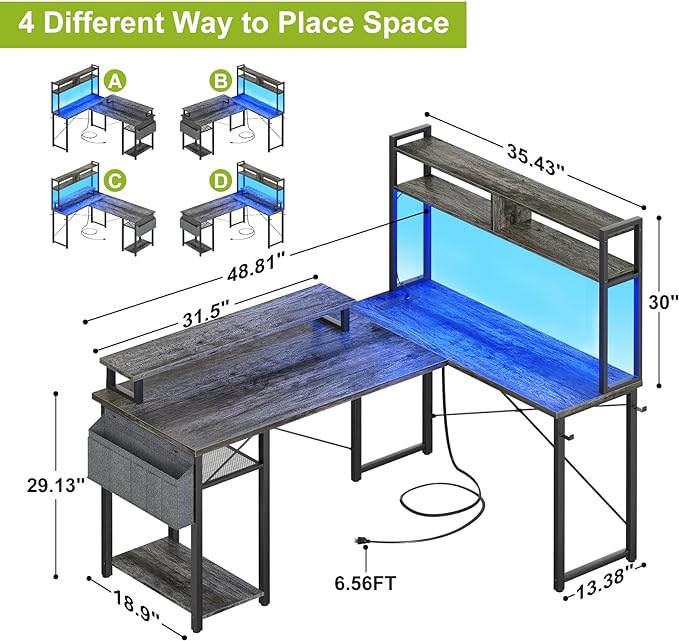 Small L Shaped Gaming Desk with Power Outlets, 48" Reversible L Shaped LED Computer Desk with Monitor Stand & Storage Shelf, Corner Gamer Desk Home Office Desk with Storage Bag, Black Oak - LeafyLoom