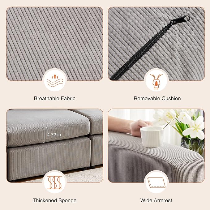 Sweetcrispy Convertible Modular Sectional Sofa, 4 Seat Sectional Couches for Living Room, L-Shaped Modern Fabric Modular Sofa Sleeper with Double Chaise for Home, Apartment, Dorm, Grey - LeafyLoom