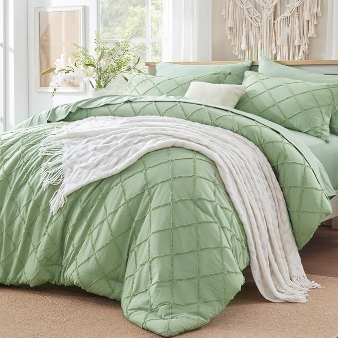 Boho Sage Green Comforter Set with Jacquard Tufted Design,Farmhouse Bedding Sets for All Seasons,Soft 7 Pieces Queen Bed in a Bag Comforter,Flat Sheet,Fitted Sheet,Pillowcases & Shams - LeafyLoom