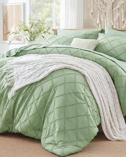Boho Sage Green Comforter Set with Jacquard Tufted Design,Farmhouse Bedding Sets for All Seasons,Soft 7 Pieces King Bed in a Bag with Comforter,Flat Sheet,Fitted Sheet,Pillowcases & Shams - LeafyLoom