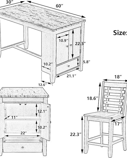 Counter Height Dining 4 with Faux Marble Tabletop, Solid Wood Modern Table Set with Storage Cabinet and Drawer, Dark Walnut - LeafyLoom