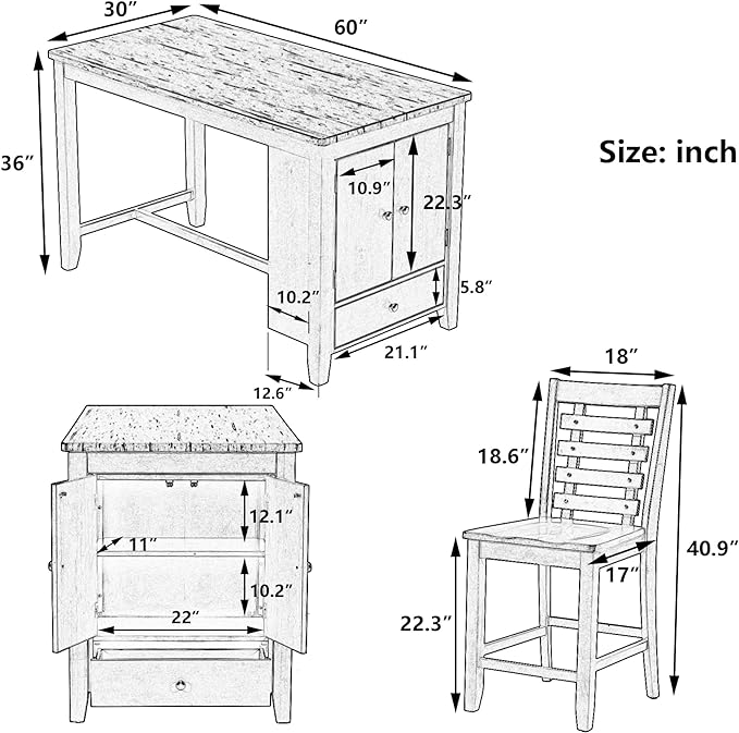 Counter Height Dining 4 with Faux Marble Tabletop, Solid Wood Modern Table Set with Storage Cabinet and Drawer, Dark Walnut - LeafyLoom