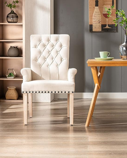 Dining Room Chairs with Arms,Tufted Upholstered High Back Nailed Trim with Untique Oak Wood Legs for Kitchen Restaurant Room Bedroom (Beige) - LeafyLoom