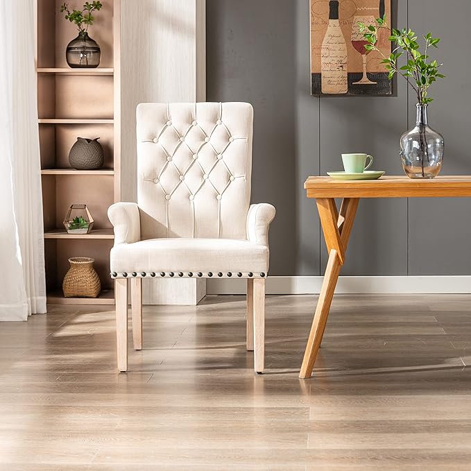 Dining Room Chairs with Arms,Tufted Upholstered High Back Nailed Trim with Untique Oak Wood Legs for Kitchen Restaurant Room Bedroom (Beige) - LeafyLoom