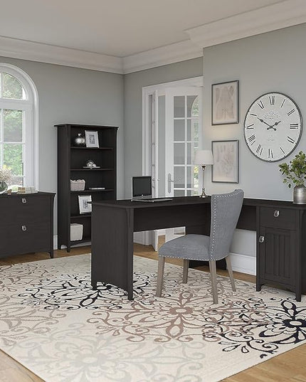 Bush Furniture Salinas L Shaped Desk with Storage in Vintage Black | Modern Farmhouse Corner Table with Drawers and Cabinets for Home Office - LeafyLoom