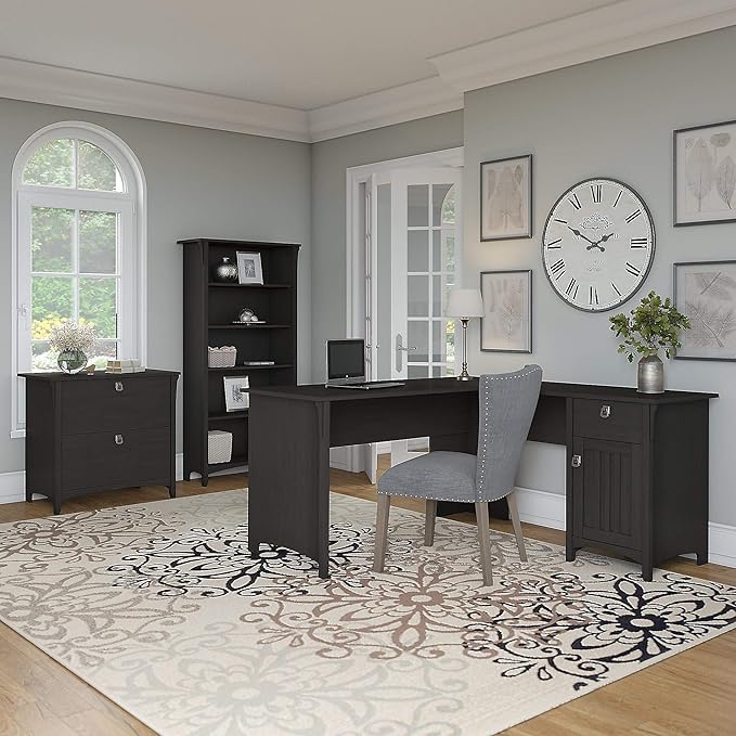 Bush Furniture Salinas L Shaped Desk with Storage in Vintage Black | Modern Farmhouse Corner Table with Drawers and Cabinets for Home Office - LeafyLoom