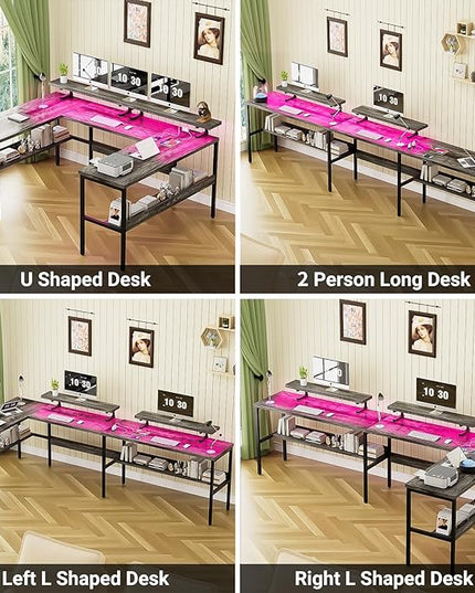 Customizable U Shaped Computer Desk with Adjustable Monitor Stand, Reversible L Shaped Gaming Desk with Power Outlet and Smart LED Light, Sturdy Office Desk with Storage Shelves, Black Oak - LeafyLoom