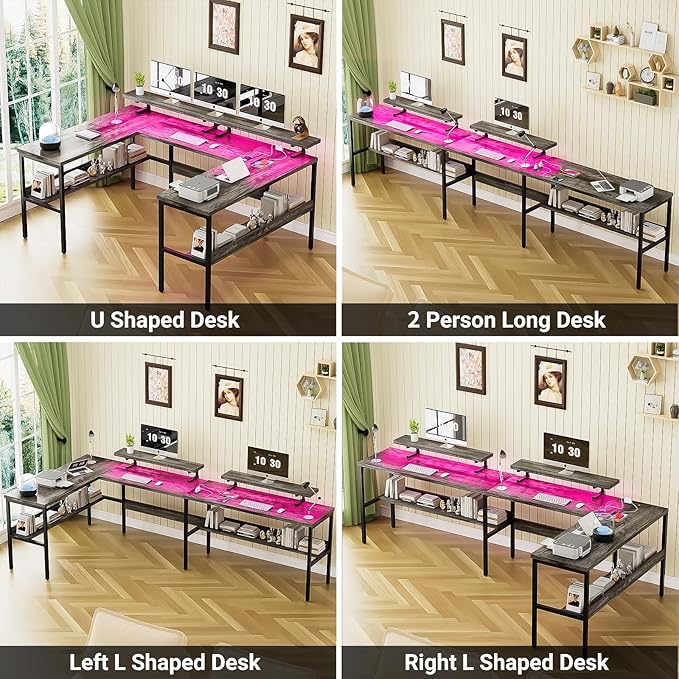 Customizable U Shaped Computer Desk with Adjustable Monitor Stand, Reversible L Shaped Gaming Desk with Power Outlet and Smart LED Light, Sturdy Office Desk with Storage Shelves, Black Oak - LeafyLoom