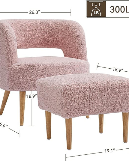 Accent Chair with Ottoman Teddy Fleece Upholstered Armchair Mid-Century Modern Comfortable Chairs and Ottoman Set with Wooden Legs for Living Room, Bedroom(Rose Pink) - LeafyLoom