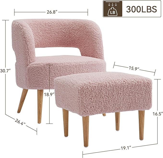 Accent Chair with Ottoman Teddy Fleece Upholstered Armchair Mid-Century Modern Comfortable Chairs and Ottoman Set with Wooden Legs for Living Room, Bedroom(Rose Pink) - LeafyLoom