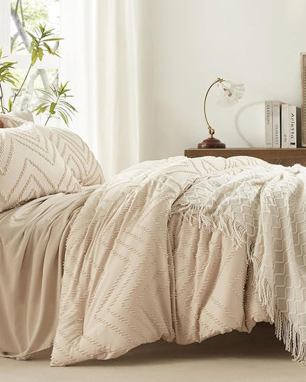 Anluoer Full Comforter Set, Beige Tufted Bed in a Bag 7 Pieces with comforters and sheets, All Season Bedding Sets with 1 Comforter, 2 PillowShams, 2 Pillowcases, 1 Flat Sheet, 1 Fitted Sheet - LeafyLoom