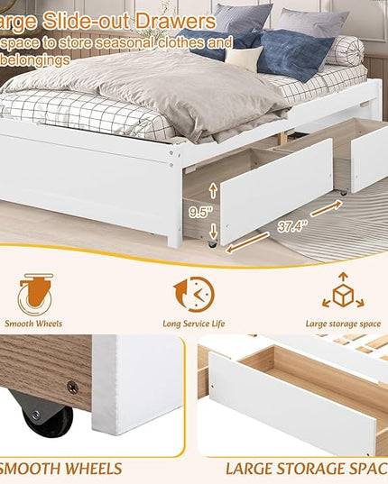 Twin Bed with 2 Storage Drawers, Solid Pinewood Twin Size Bed Frame,for Boys/Girls/Teens Bedroom, Easy to Assemble, No Box Spring Needed,White - LeafyLoom