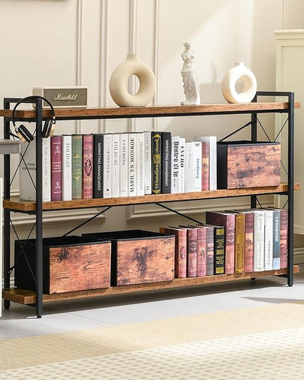 HCHQHS Bookshelf, 3-Tier Long Industrial Bookcase, Rustic Open Book Shelf, Freestanding Horizontal Bookshelves with Metal Frame - LeafyLoom