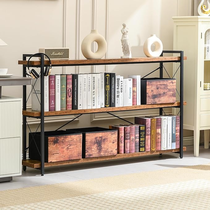 HCHQHS Bookshelf, 3-Tier Long Industrial Bookcase, Rustic Open Book Shelf, Freestanding Horizontal Bookshelves with Metal Frame - LeafyLoom