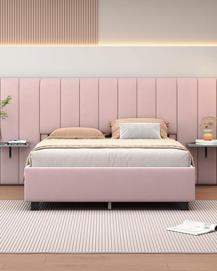 Queen Upholstered Platform Bed Frame with Extended Headboard and and Two Shelves, Velvet Bed, No Box Spring Needed, Pink - LeafyLoom