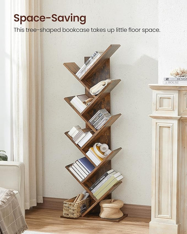 VASAGLE Tree Bookshelf, 9-Tier Bookcase, Large Bookshelf, Space-Saving Corner Shelf, Book Tree, Holds Books, CDs, Games, for Bedroom, Living Room, Home Office, Rustic Brown ULBC11BX - LeafyLoom