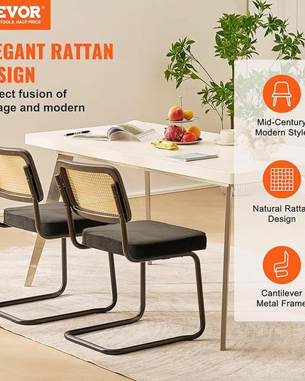 VEVOR Rattan Dining Chairs Set of 2, Mid Century Modern Dining Chair, Upholstered Velvet Accent Chair with Rattan Back, Retro Dining Room Kitchen Chair for Living Room, Bedroom, Office (18.1 Inch) - LeafyLoom