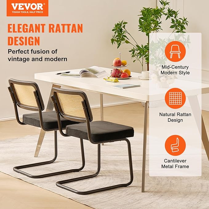 VEVOR Rattan Dining Chairs Set of 2, Mid Century Modern Dining Chair, Upholstered Velvet Accent Chair with Rattan Back, Retro Dining Room Kitchen Chair for Living Room, Bedroom, Office (18.1 Inch) - LeafyLoom