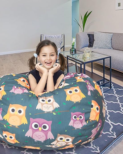 Stuffed Animal Storage Bean Bag Chair Cover, Hold Kids Plush Toys Blankets Towels Beanbag (Cover Only), Canvas Floor Circle Stuff Sit Seat Sofa with YKK Zipper, Extra Large 38", Owl - LeafyLoom