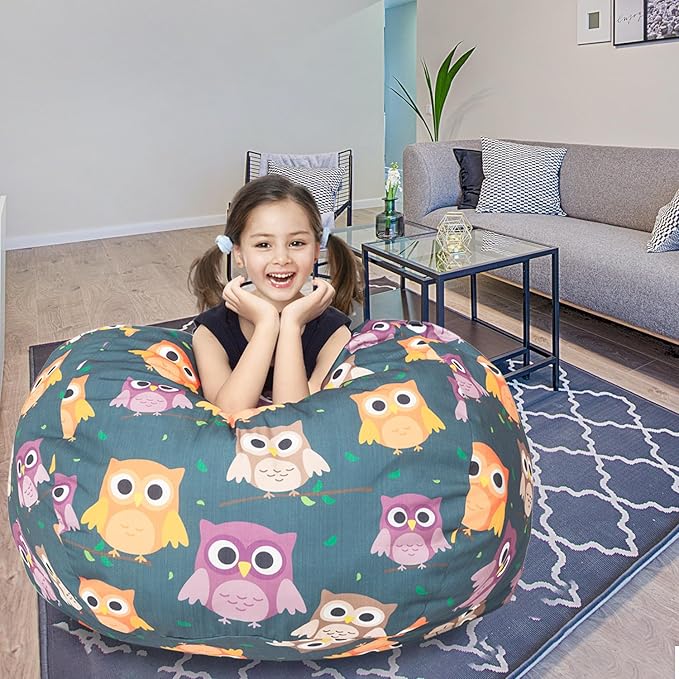 Stuffed Animal Storage Bean Bag Chair Cover, Hold Kids Plush Toys Blankets Towels Beanbag (Cover Only), Canvas Floor Circle Stuff Sit Seat Sofa with YKK Zipper, Extra Large 38", Owl - LeafyLoom