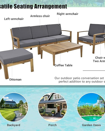 4 Piece Acacia Wood Patio Furniture L-Shaped Outdoor Sectional Sofa Coffee Table, FSC Certified Conversation Set w/Beige Cushions for Garden Backyard - LeafyLoom