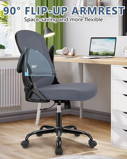 Office Chair Desk Chair, Ergonomic Mesh Computer Chair Home Office Desk Chairs, Swivel Task Chair Mid Back Breathable Rolling Chair with Adjustable Lumbar Support Flip Up Armrest (Dark Gray) - LeafyLoom