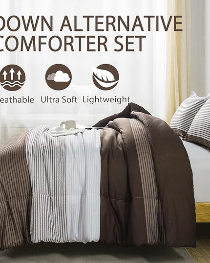 Andency Stripe Comforter Set Twin Size (66x90 Inch), 2 Pieces Brown Patchwork Striped Comforter, Soft Microfiber Down Alternative Comforter Bedding Set with Corner Loops - LeafyLoom
