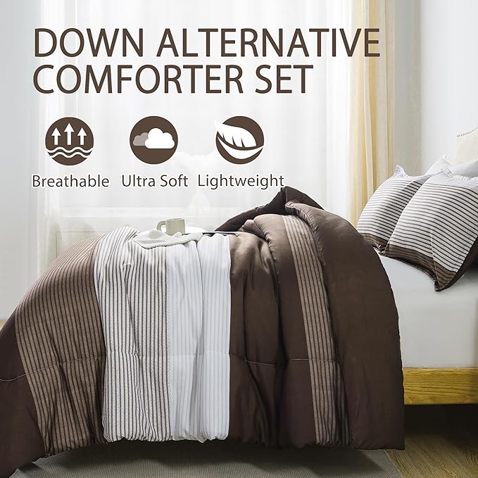 Andency Stripe Comforter Set Twin Size (66x90 Inch), 2 Pieces Brown Patchwork Striped Comforter, Soft Microfiber Down Alternative Comforter Bedding Set with Corner Loops - LeafyLoom