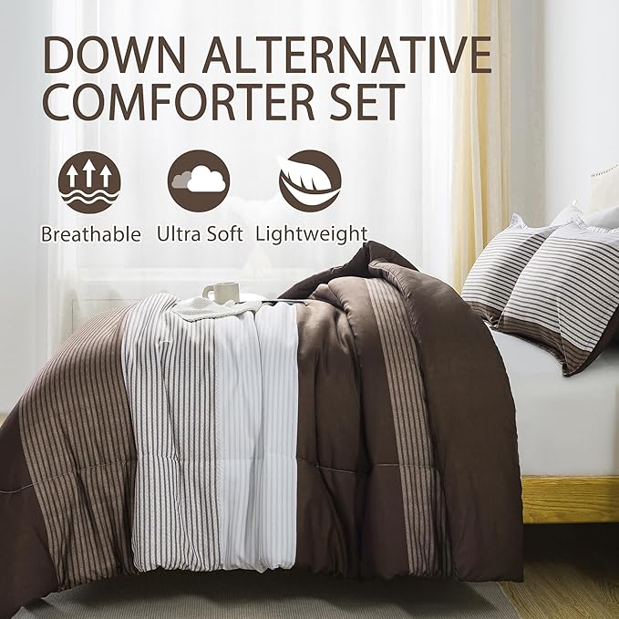 Andency Stripe Comforter Set Full Size (79x90 Inch), 3 Pieces Brown Patchwork Striped Comforter, Soft Microfiber Down Alternative Comforter Bedding Set with Corner Loops - LeafyLoom