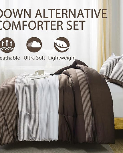 Andency Stripe Comforter Set King Size (104x90 Inch), 3 Pieces Brown Patchwork Striped Comforter, Soft Microfiber Down Alternative Comforter Bedding Set with Corner Loops - LeafyLoom