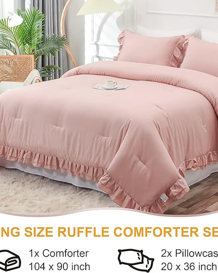 Blush Pink Double Ruffle Comforter Set King Size (104x90 Inch), 3 Pcs Farmhouse Vintage Comforter Set (1 Ruffled Comforter and 2 Pillowcase), Rustic All Season Down Alternative Bedding Set - LeafyLoom