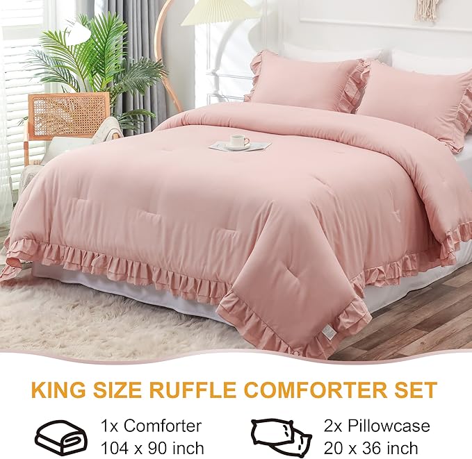 Blush Pink Double Ruffle Comforter Set King Size (104x90 Inch), 3 Pcs Farmhouse Vintage Comforter Set (1 Ruffled Comforter and 2 Pillowcase), Rustic All Season Down Alternative Bedding Set - LeafyLoom