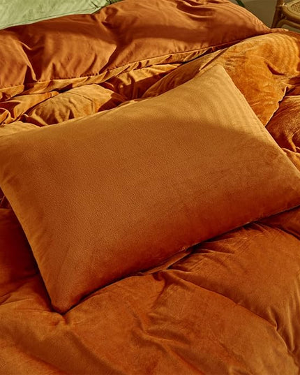 Wellboo Burnt Orange Velvet Comforter Sets Queen Women Girls Rust Caramel Fluffy Bedding Comforters Solid Terracotta Flannel Modern Aesthetic Quilts Warm Winter Plain Reddish Plush 3 PCS Blankets Soft - LeafyLoom