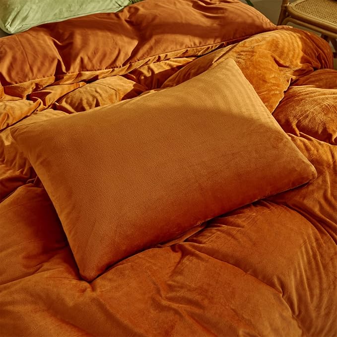 Wellboo Burnt Orange Velvet Comforter Sets Queen Women Girls Rust Caramel Fluffy Bedding Comforters Solid Terracotta Flannel Modern Aesthetic Quilts Warm Winter Plain Reddish Plush 3 PCS Blankets Soft - LeafyLoom