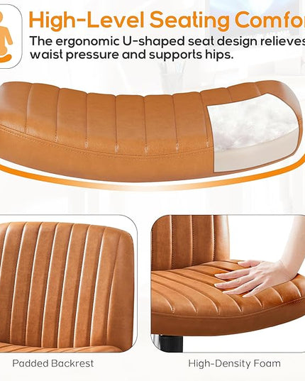 Criss Cross Chair, Cross Legged Office Chair, Wide Comfty Desk Chair, No Wheels Armless Computer Task Chair, Swivel Vanity Home Chair, Height Adjustable - LeafyLoom
